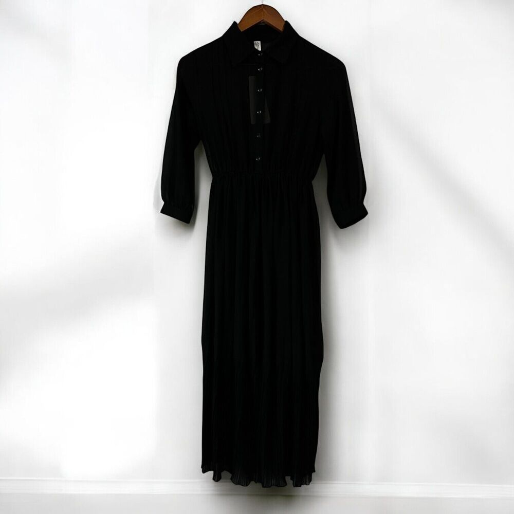Green Apple Black Midi Dress with Collar